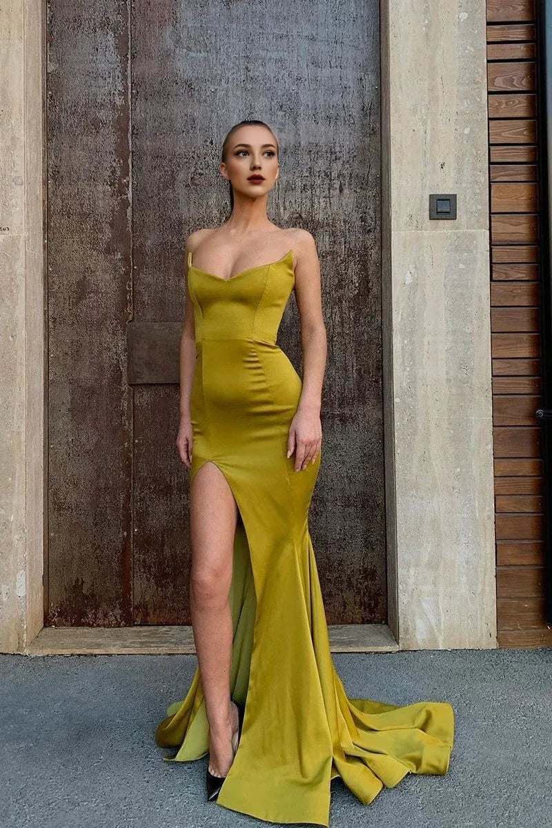 Vestidos formales sin mangas con hombros descubiertos, corsé, sirena con abertura lateral, vestidos de fiesta largos maxi / Tienda de vestidos de fiesta